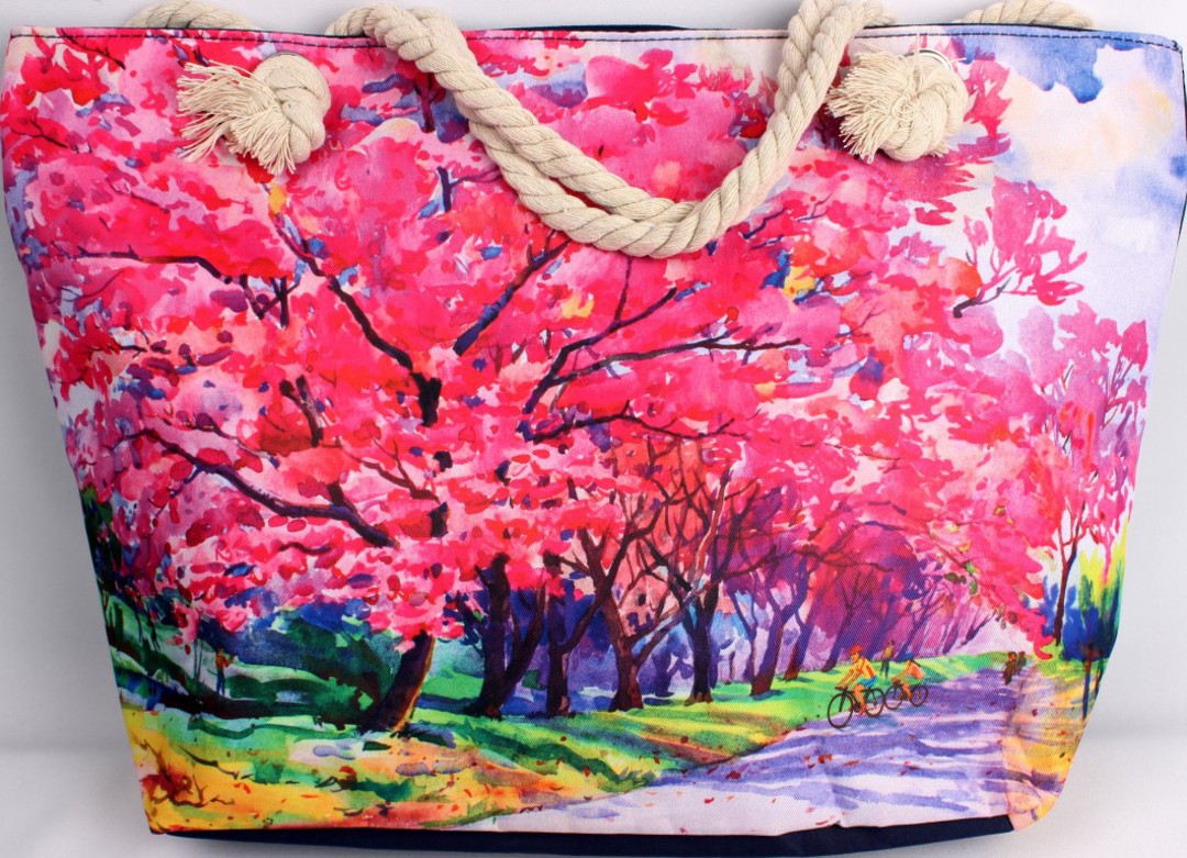 Colourful carry bag w base and rope handle 'pink trees' print Style :AL/4690 image 0